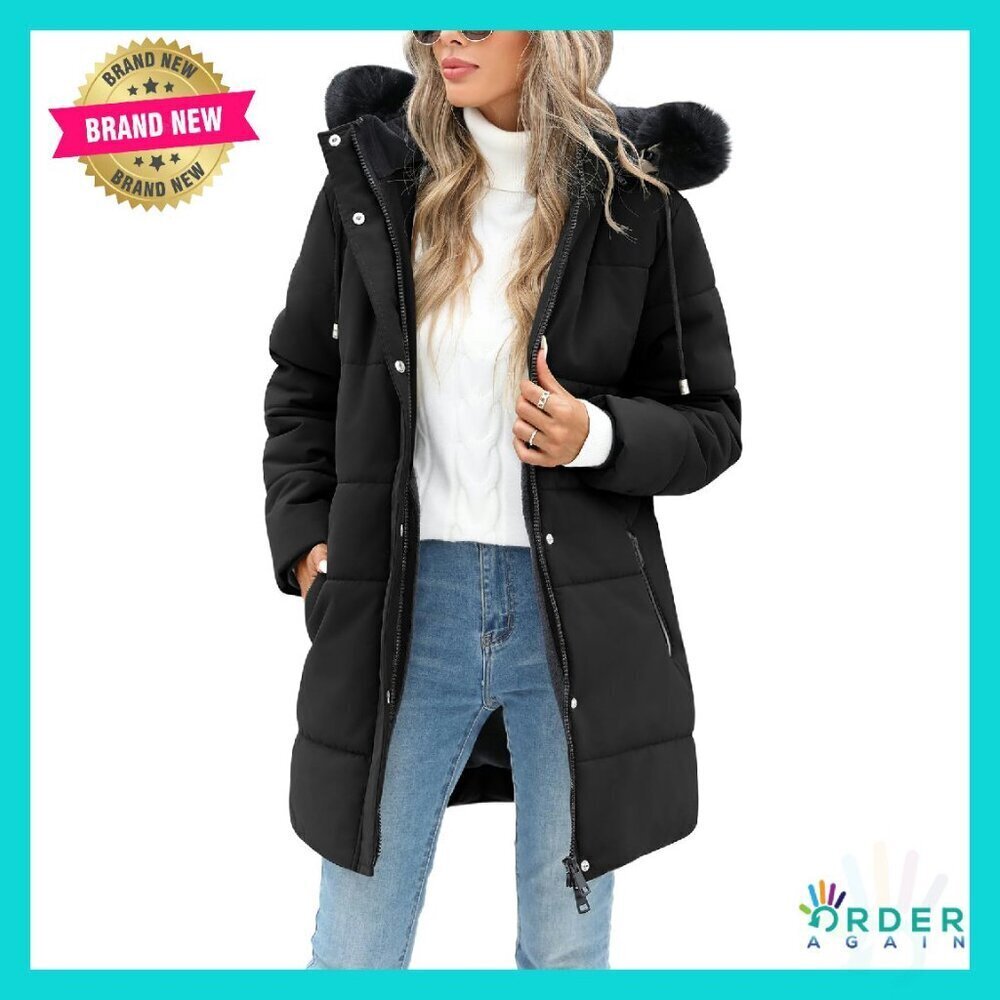 Winter Puffer Coat Fleece Lined Parka Jacket Detachable Hood Chic Outerwear